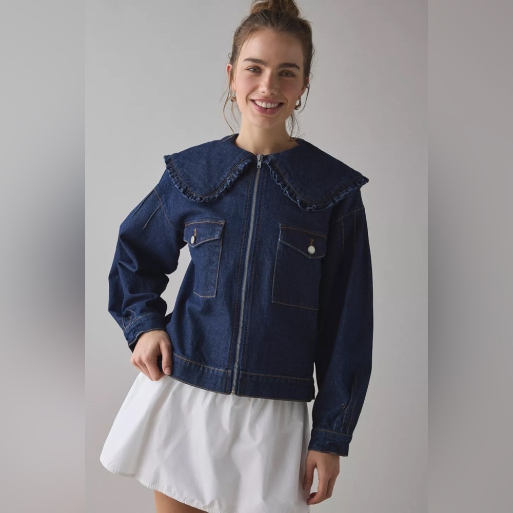 NWT Kimchi Blue Freddie Ruffle Collar Denim Jacket